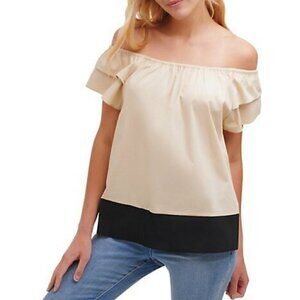 NWT DKNY Straw black off shoulder elastic neckline tiered short sleeves